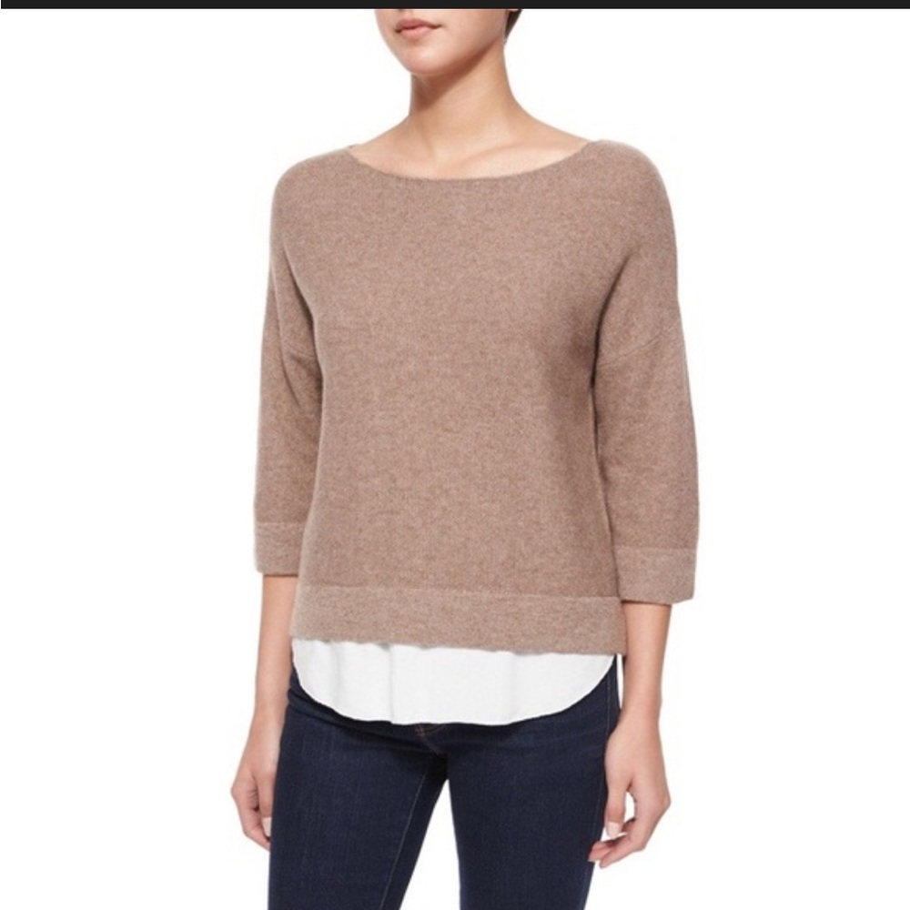 Joie cashmere wool blend Crew Neck Sweater sz S camel tan layered shirt tail